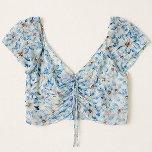American Eagle Outfitters Floral Lace-Up Blouse in Blue and Cream